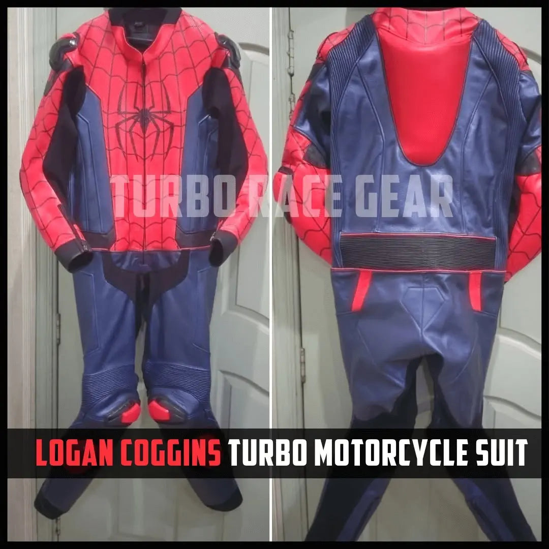A split view of a red and blue motorcycle racing suit, showing the front and back. The suit features a red chest with a black spider emblem, blue sides, and black shoulder armor.