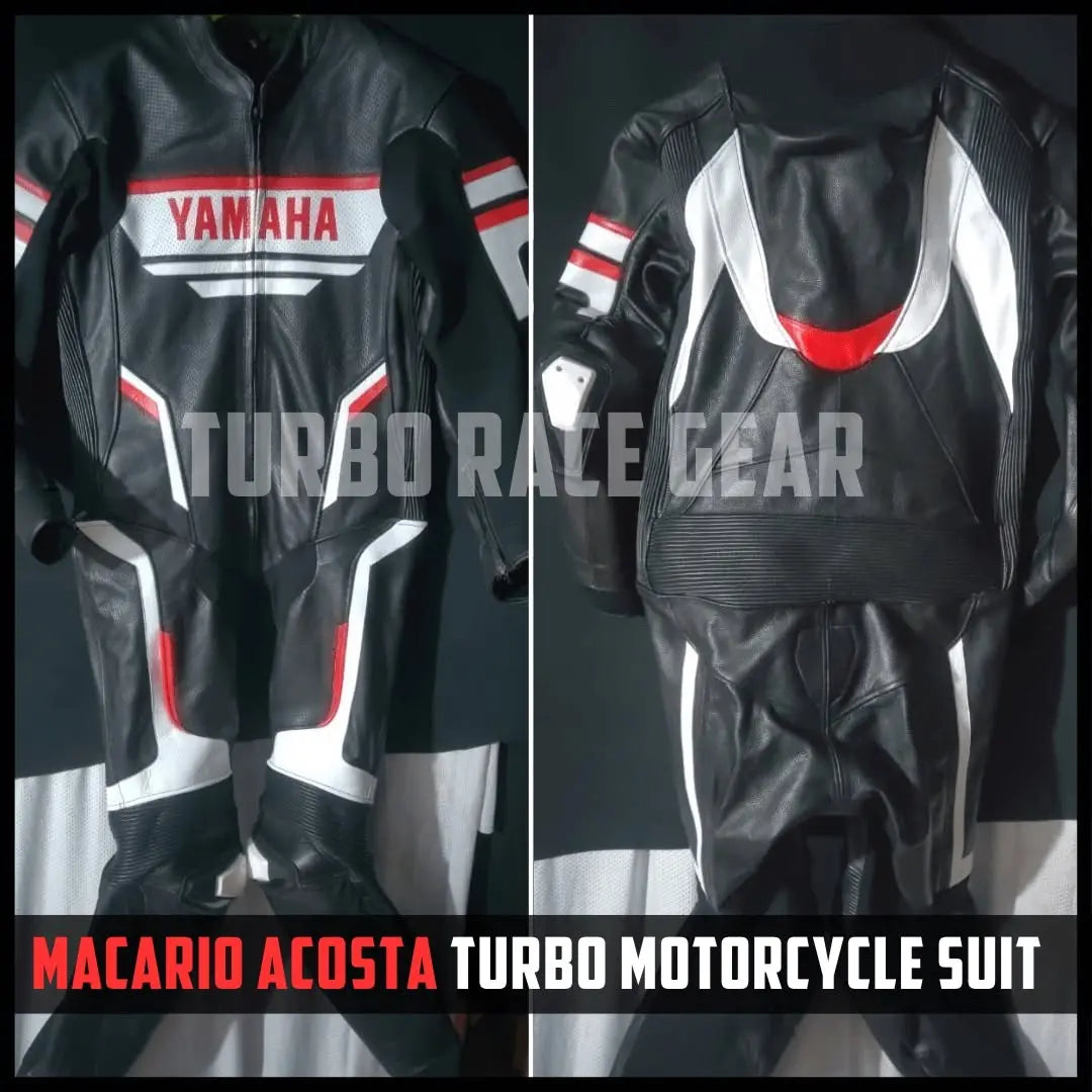 Black leather Yamaha motorcycle racing suit with white and red accents, shown in front and back views on a dark background. Features a large 'YAMAHA' logo on the back and a semi-transparent 'TURBO RACE GEAR' watermark across the center.