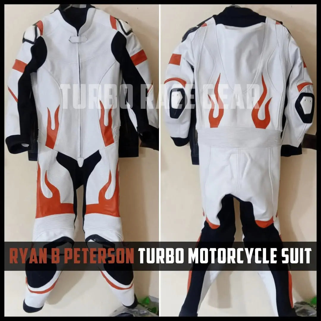 Front and back views of a white, black, and orange Ryan B Peterson Turbo Motorcycle Suit, displayed on a hanger against a beige wall.