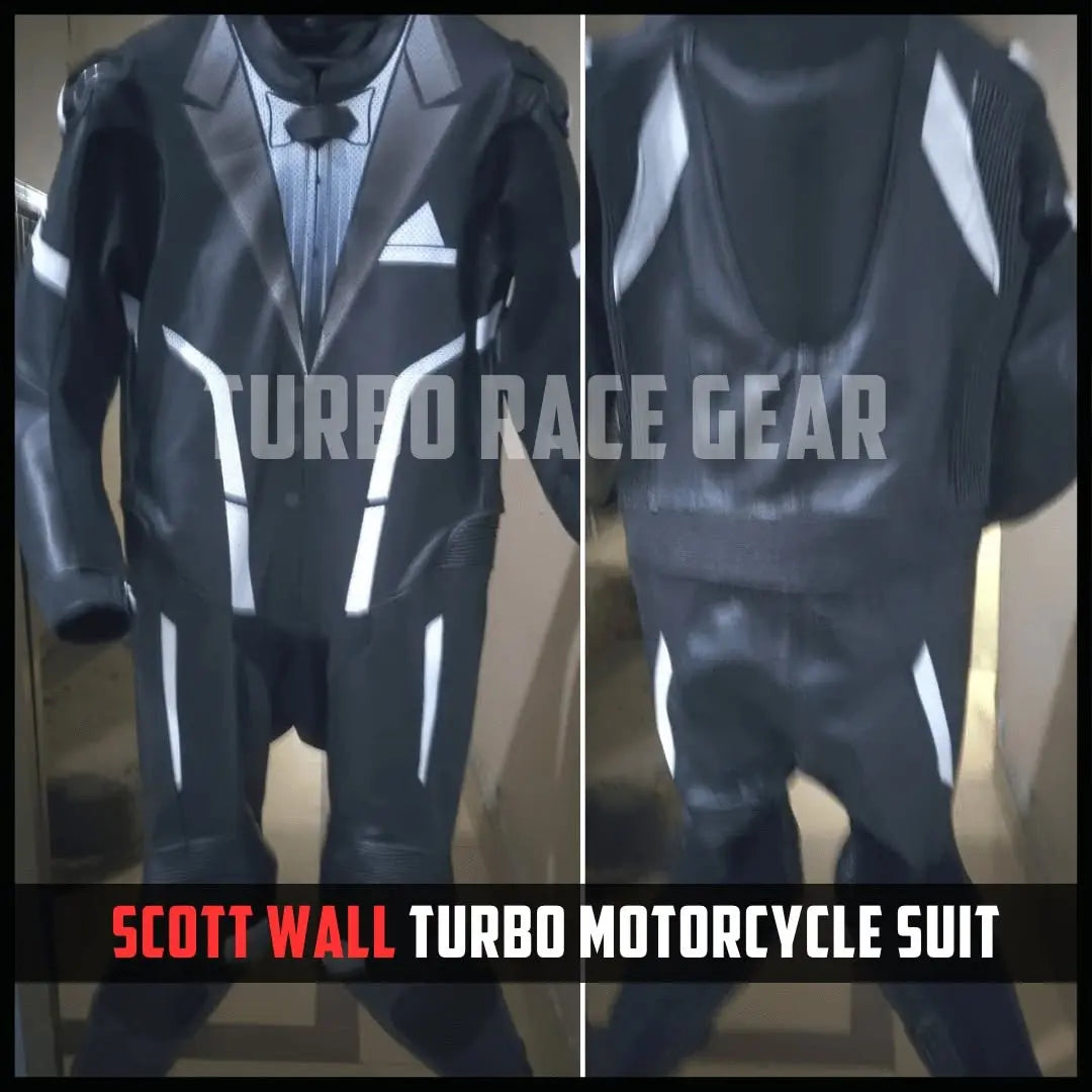 A black Scott Wall Turbo Motorcycle Suit with white graphic accents, shown in a split-screen front and back view on a mannequin. The image features a 'TURBO RACE GEAR' watermark and a bottom banner reading 'SCOTT WALL TURBO MOTORCYCLE SUIT'.