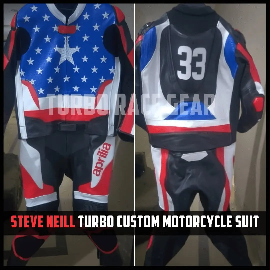 Front and back views of a Steve Neill Turbo Custom motorcycle suit in a black, white, and red livery with an American flag theme, featuring the number 33 on the back and the Aprilia logo on the leg.