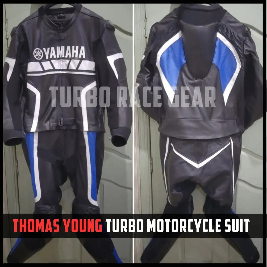 A black leather motorcycle racing suit with blue and white accents, shown from both front and back views on a hanger. The front features a white YAMAHA logo, and the back has a large blue and white V-shaped design.