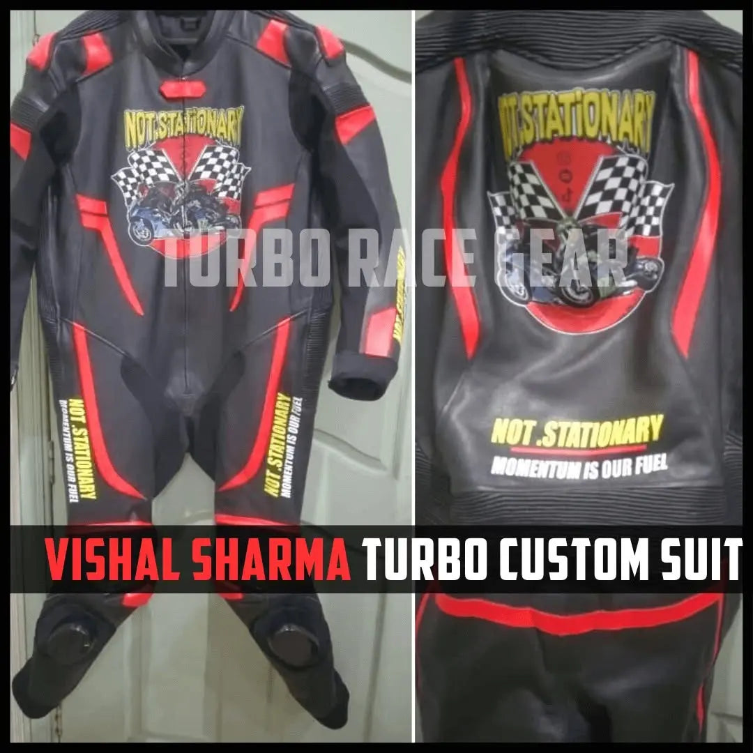 Black leather racing suit with red and yellow graphics, shown in a two-panel layout. The left panel shows the full suit hanging against a light background, and the right panel shows a close-up of the back graphic with the text 'NOT .