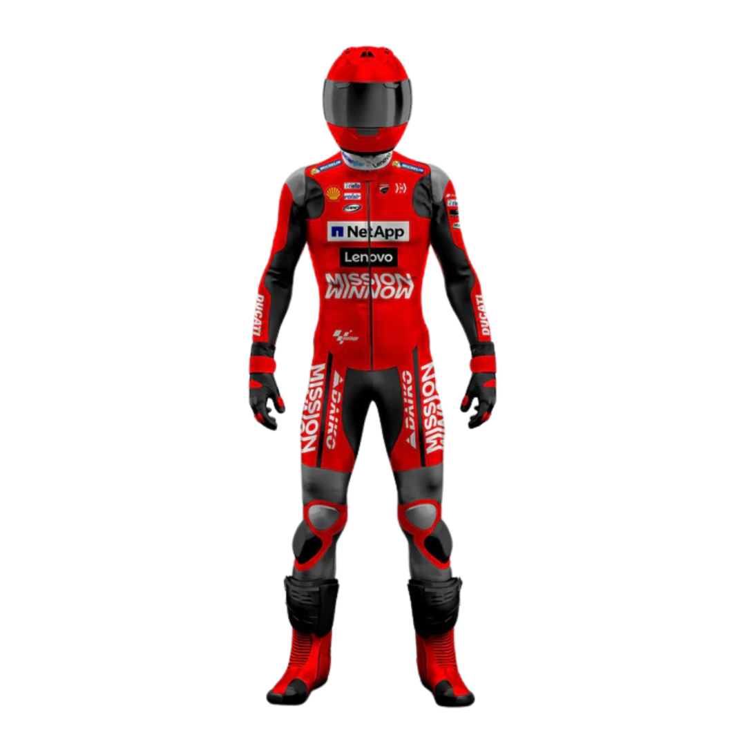 A red and black Turbo Premium Leather MotoGP Racing Suit with metal armor and air vented leather details.