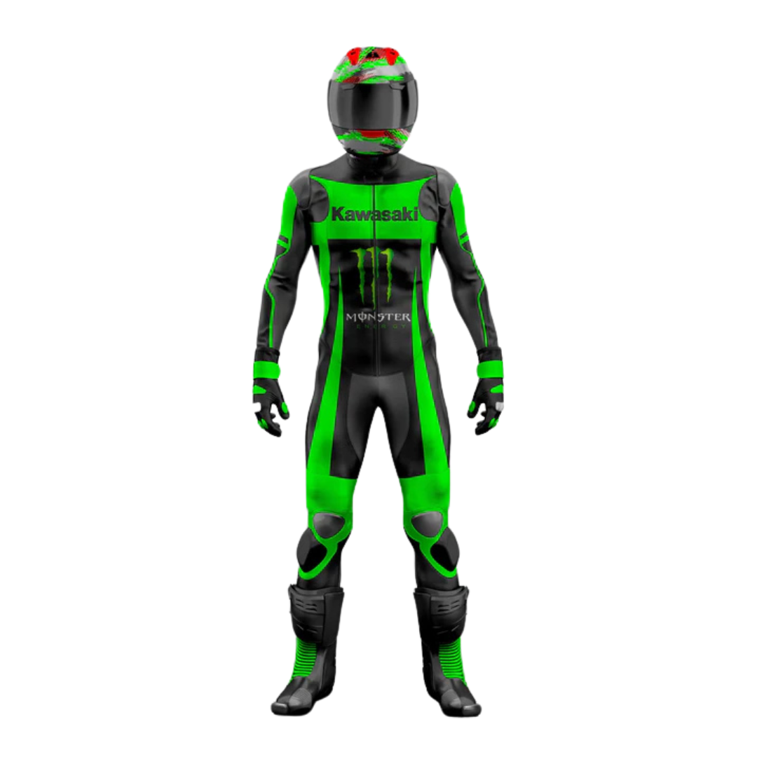 A Kawasaki branded motorcycle racing suit in black with green and gray accents, featuring leather, air vents, and protective elements.