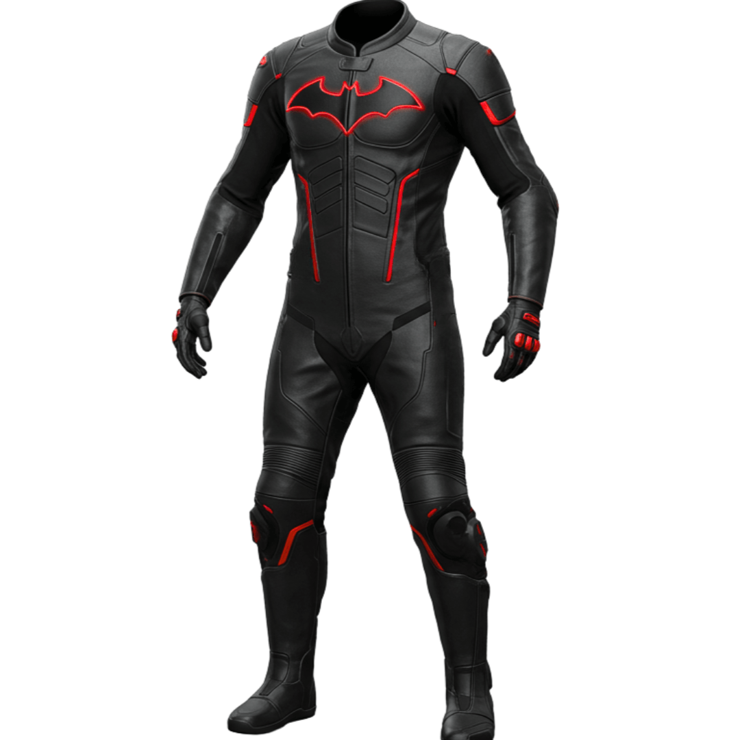 Black leather suit with red accents on a white background