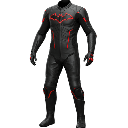 Black leather suit with red accents on a white background