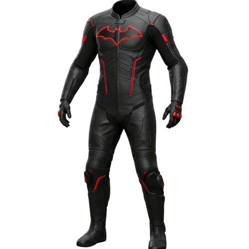 Black leather suit with red accents on a white background