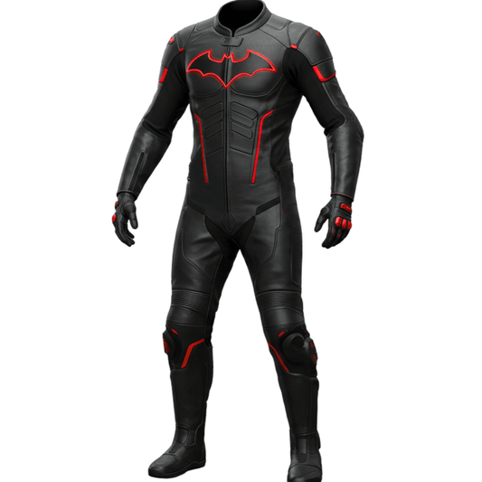Black leather suit with red accents on a white background