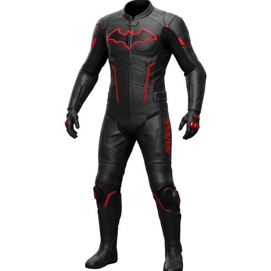 Full-body view of CE-certified Batman motorcycle gear for men