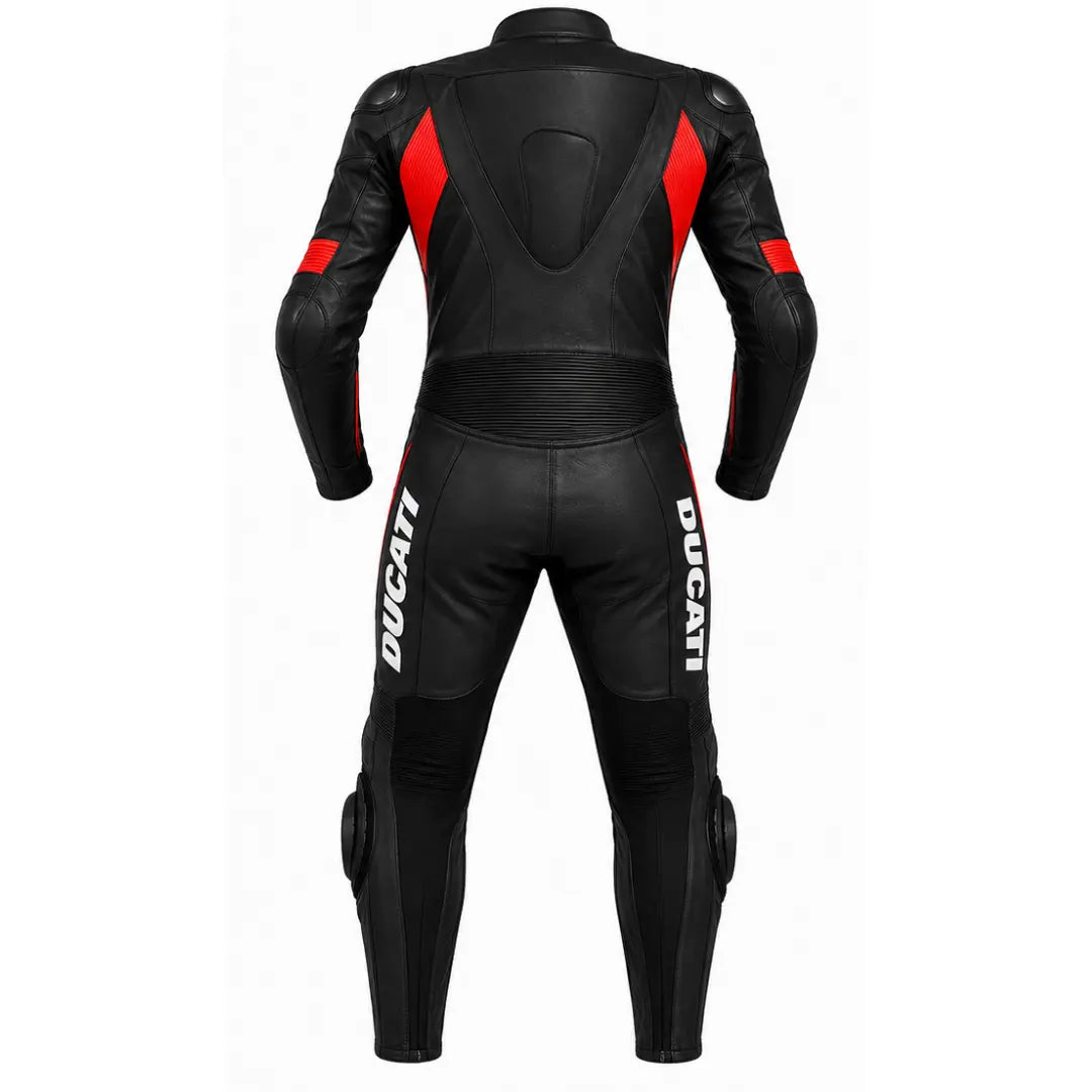 Black leather Ducati motorcycle racing suit shown from the back, featuring red accents on the shoulders and upper arms, white vertical Ducati branding on the legs, and protective padding.