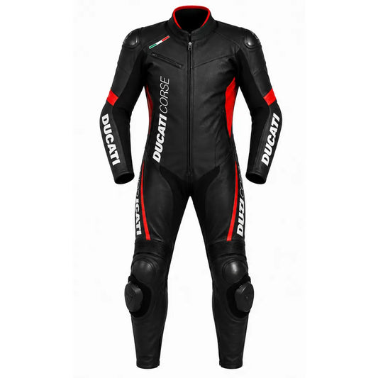 A black Ducati Corse motorcycle leather racing suit with red and white accents, featuring protective armor plates and 'DUCATI CORSE' branding on the chest and 'DUCATI' on the sleeves and thighs, shown against a plain white background.