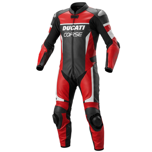 Red and black Ducati Corse racing suit on a white background