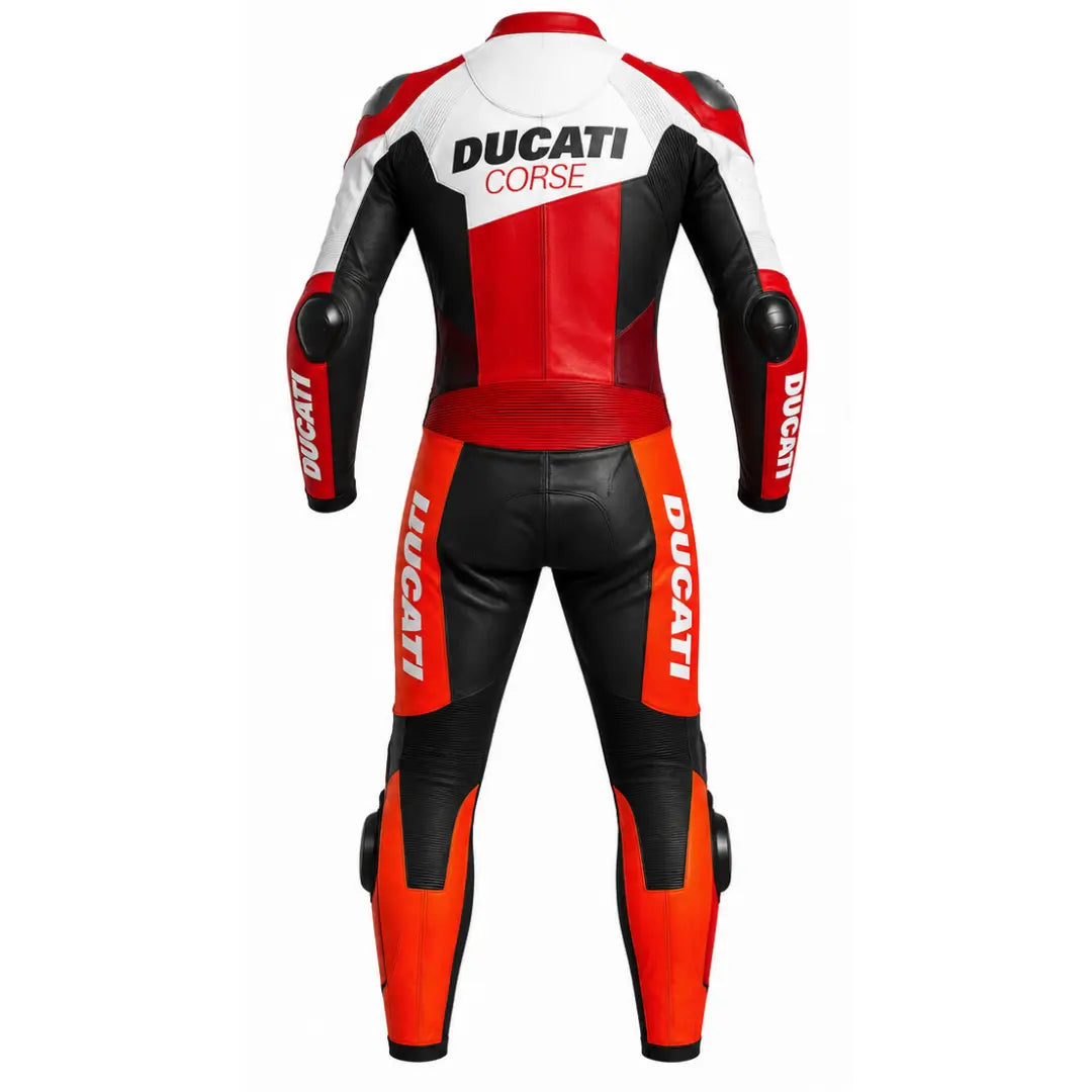Rear view of a Ducati racing leather suit in red, black, and white, featuring 'DUCATI CORSE' on the back and 'DUCATI' printed vertically on the arms and thighs.