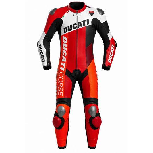 A full-body Ducati racing suit in red, black, and white, featuring the Ducati logo on the chest, shoulders, and forearms, with knee and elbow protective padding, shown against a plain white background.