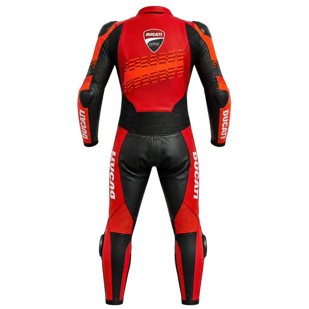 Back view of red Ducati Corse one-piece motorcycle race suit showing Ducati Corse shield logo and aerodynamic speed hump