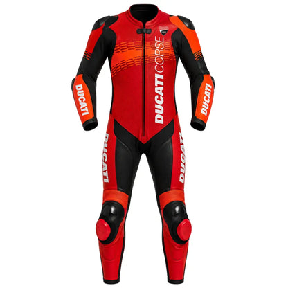Front view of Ducati Corse red one-piece leather race suit with perforated chest panel, metal armor and external knee sliders