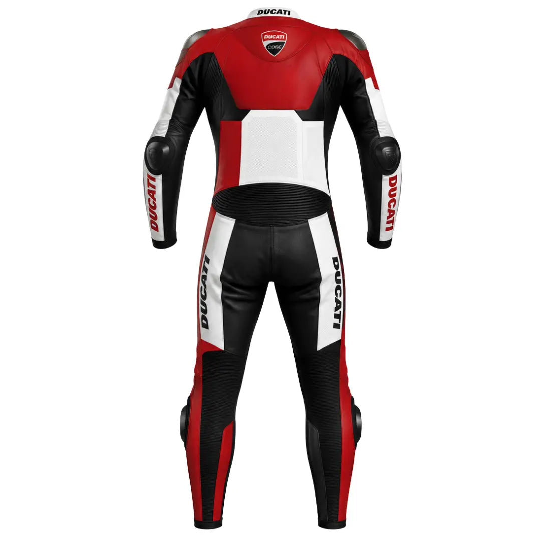 Back view of Ducati Corse tricolore one-piece motorcycle leather suit showing perforated back panel and aerodynamic speed hump