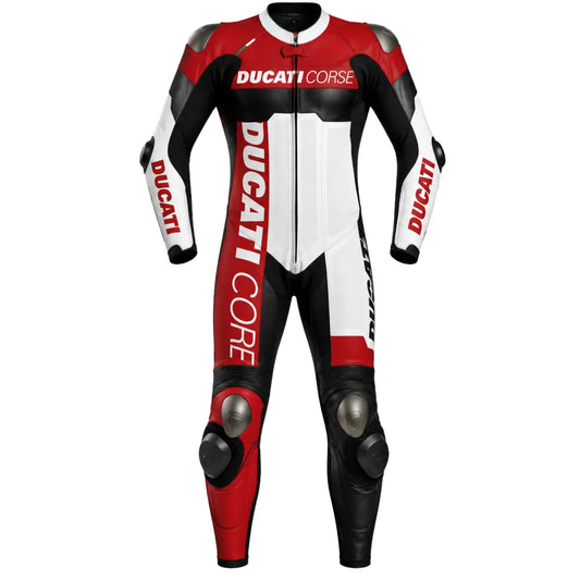 Front view of Ducati Corse tricolore one-piece leather race suit in red, white and black with titanium knee sliders