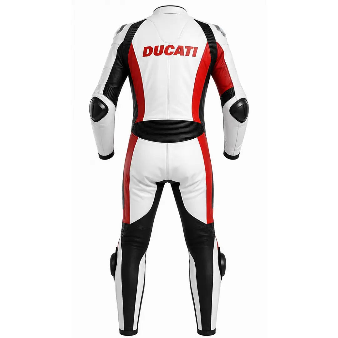 A white, red, and black leather racing suit shown from the back, featuring the red 'DUCATI' logo across the upper back and black knee and shoulder protectors.