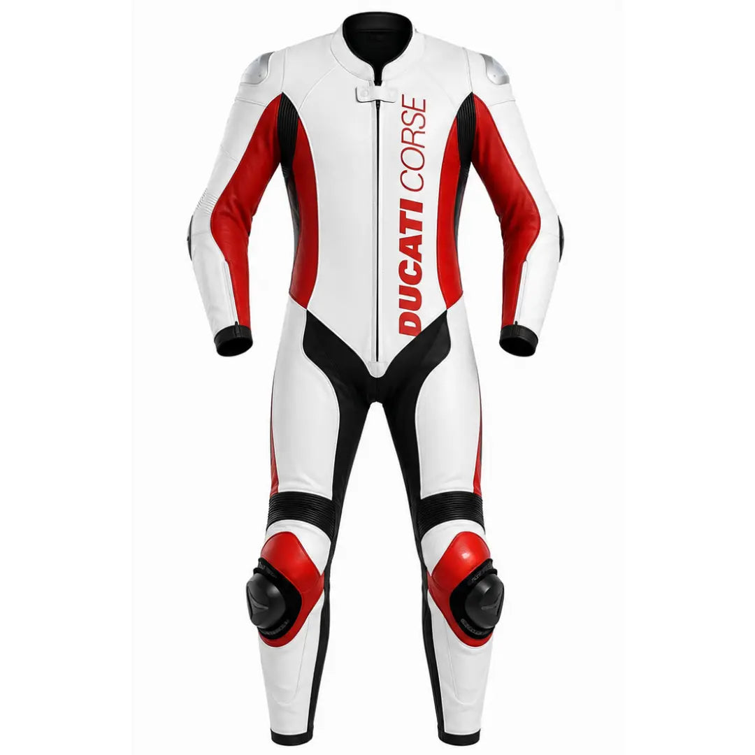 A full-body Ducati Corse leather racing suit in white, red, and black, displayed on a clean white background.