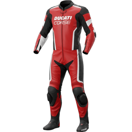 Ducati leather racing motorcycle suit with CE armor, premium leather, and ergonomic fit for maximum safety.