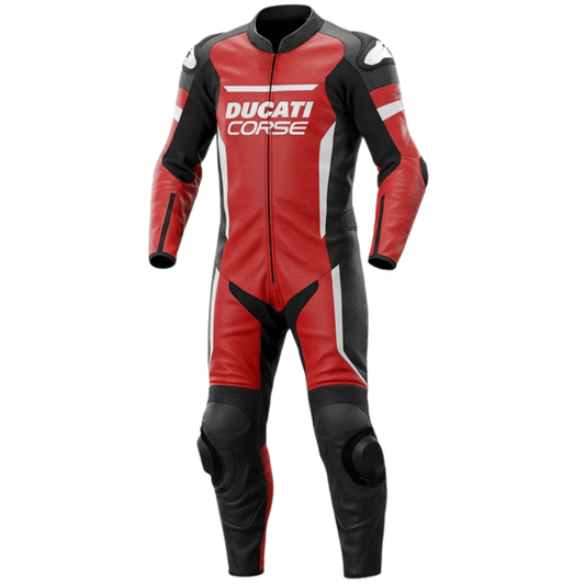 Red and black Ducati Corse racing suit on a white background