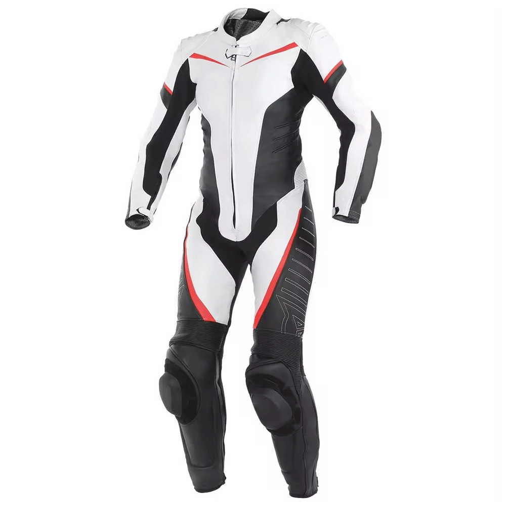 A white and black female motorcycle suit with red accents, featuring metal armor protectors on the back and thigh.