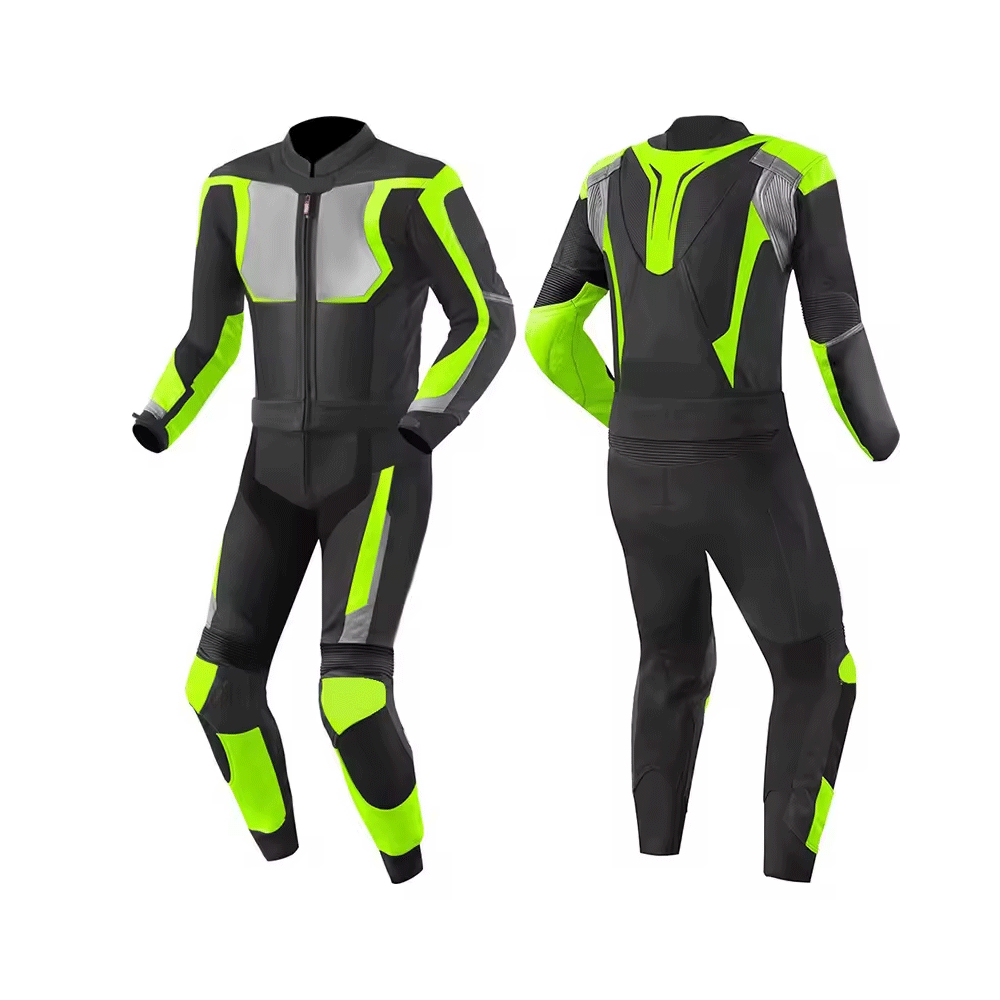 A green and black motorcycle race suit with metal armor and vented leather panels.