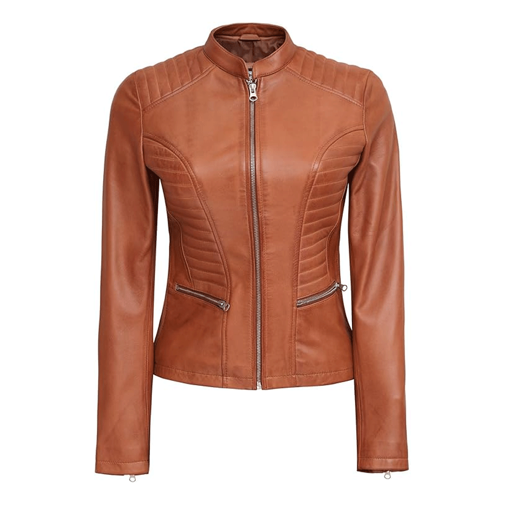A brown leather motorcycle jacket with a mandarin collar, zipper details, and quilted design on the chest and sleeves.