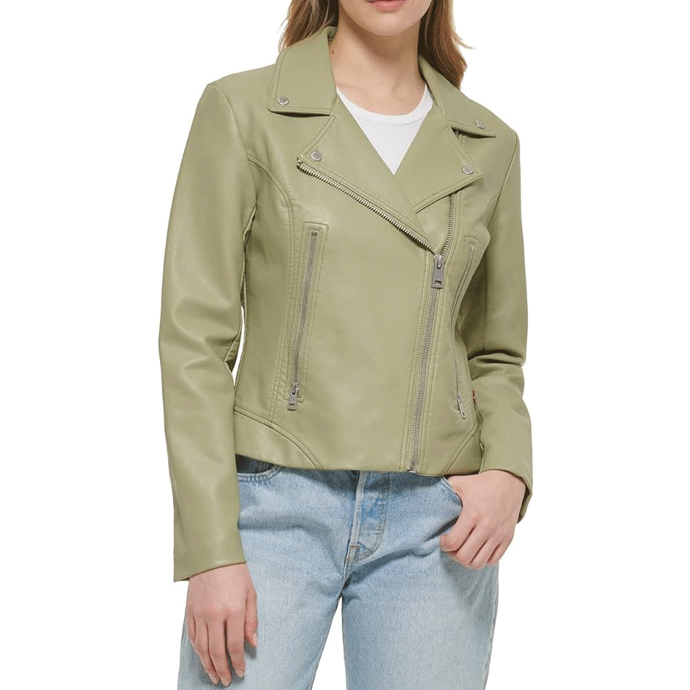 A green leather motorcycle jacket with a mandarin collar, zipper details, and a front zipper pocket, worn by a female model with jeans.