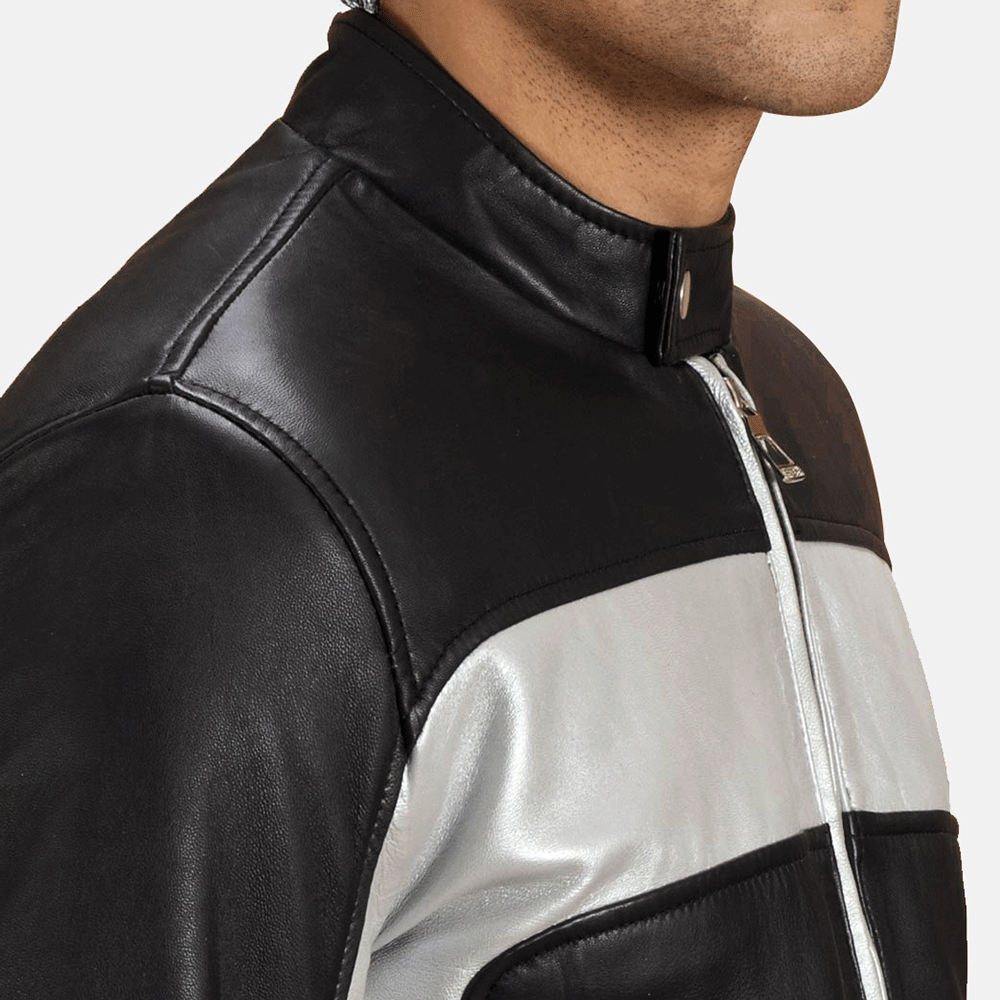 Turbo Silver Black Leather Motorcycle Jacket