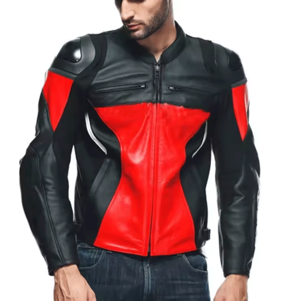 A man wearing a red and black leather motorcycle jacket with a mandarin collar, body armor pockets, and distinctive orange stripe design.