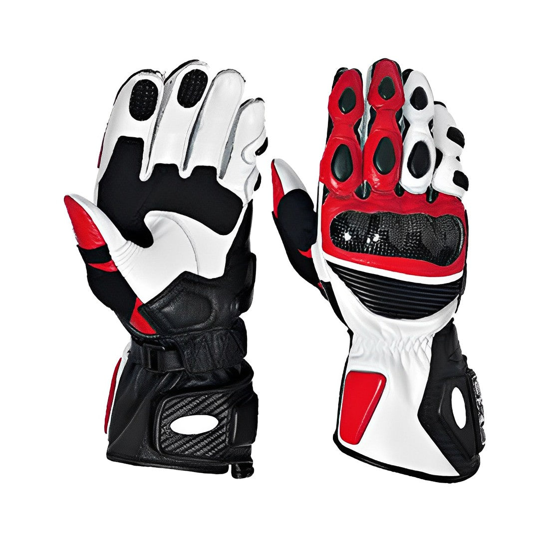 A pair of red and white motorcycle gloves with carbon fiber knuckle protectors and a velcro wrist closure.