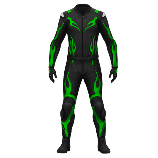 Black motorcycle suit with green flames on a white background