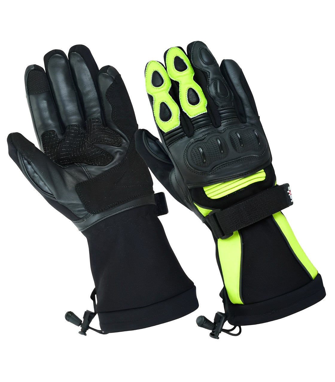 A pair of black and green motorcycle gloves with carbon fiber protectors on the knuckles and fingers.