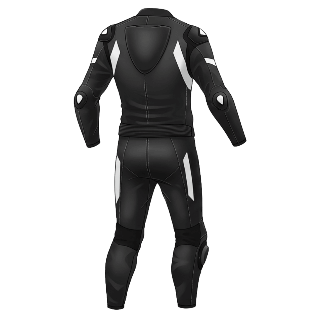 Black leather motorcycle suit with white accents on a white background