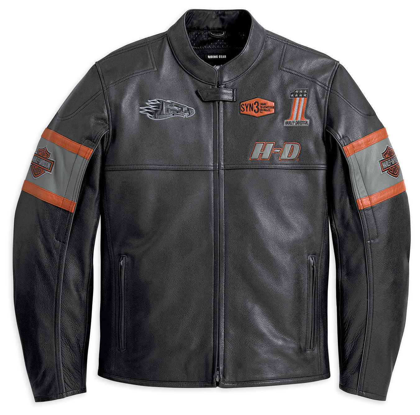 A black leather motorcycle jacket with orange accents and embroidered graphics on the arms and back. It features a zipper front, zipper cuffs, and pockets.