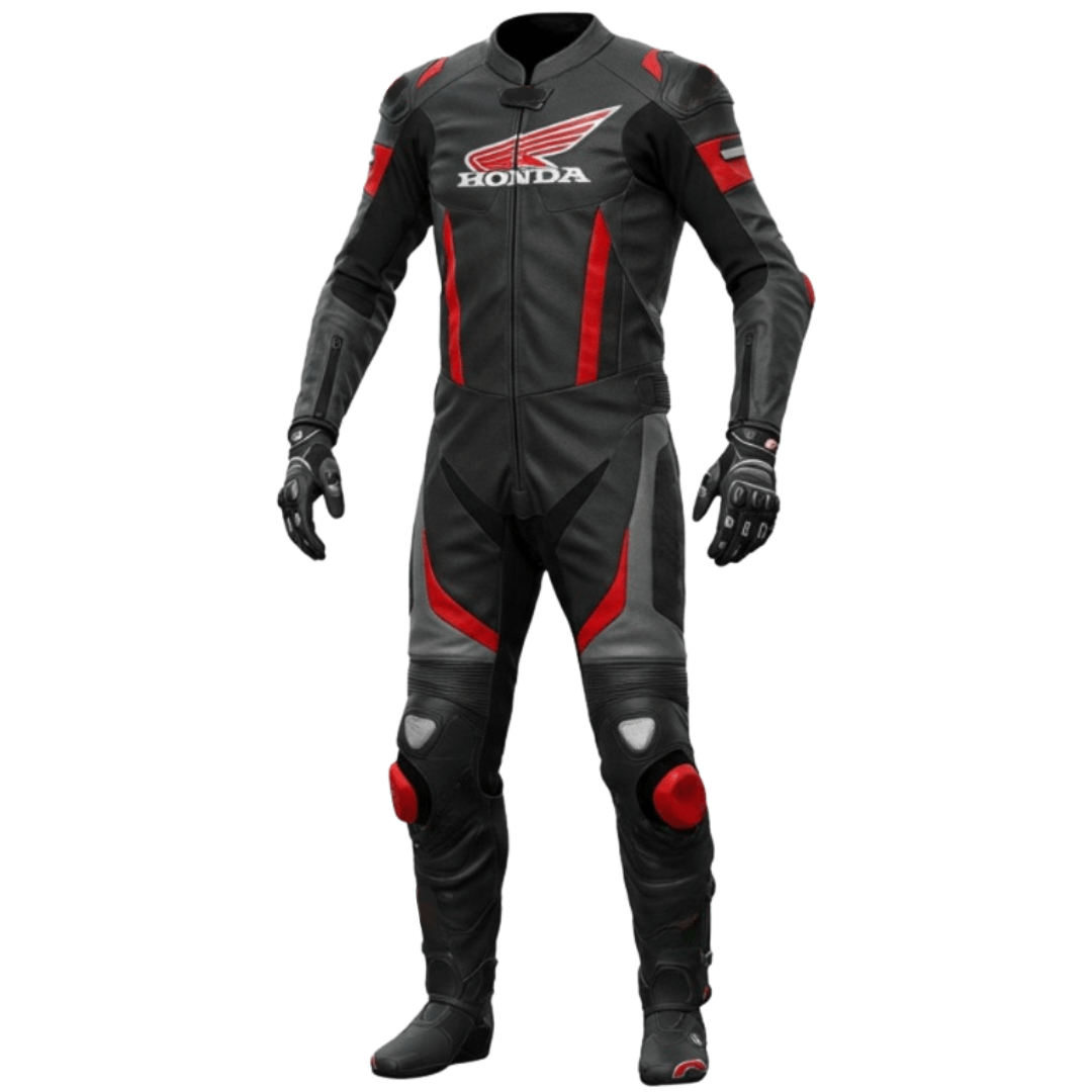 Black and red motorcycle suit with Honda logo on a white background