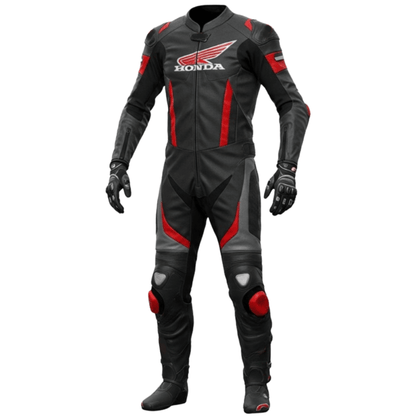 Black and red motorcycle suit with Honda logo on a white background