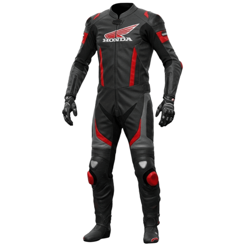 Black and red motorcycle suit with Honda logo on a white background