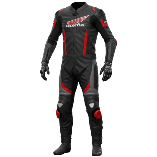 Black and red motorcycle suit with Honda logo on a white background