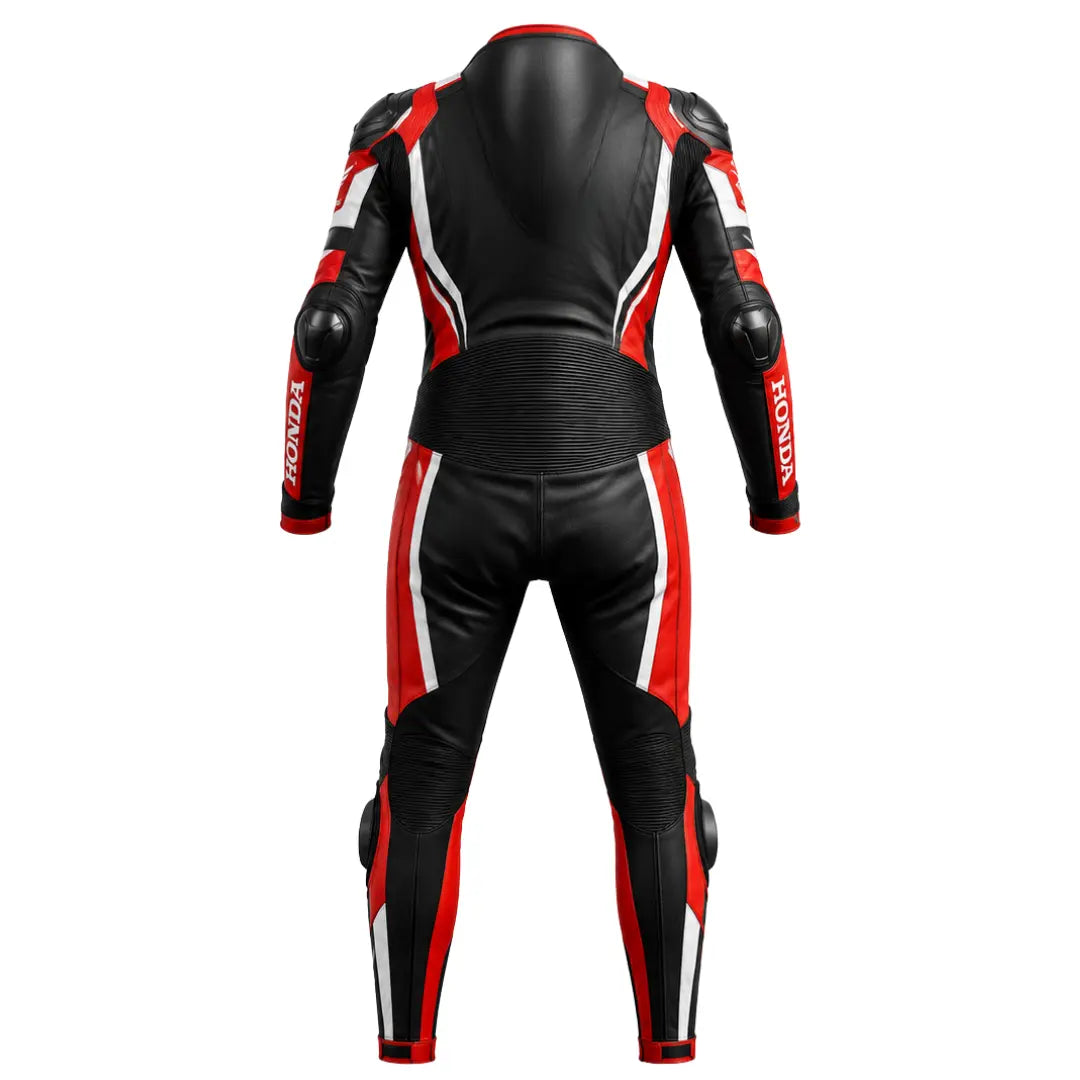 Back view of Honda black and red one-piece motorcycle leather suit showing aerodynamic speed hump and elbow sliders