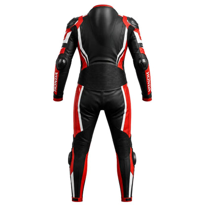 Back view of Honda black and red one-piece motorcycle leather suit showing aerodynamic speed hump and elbow sliders
