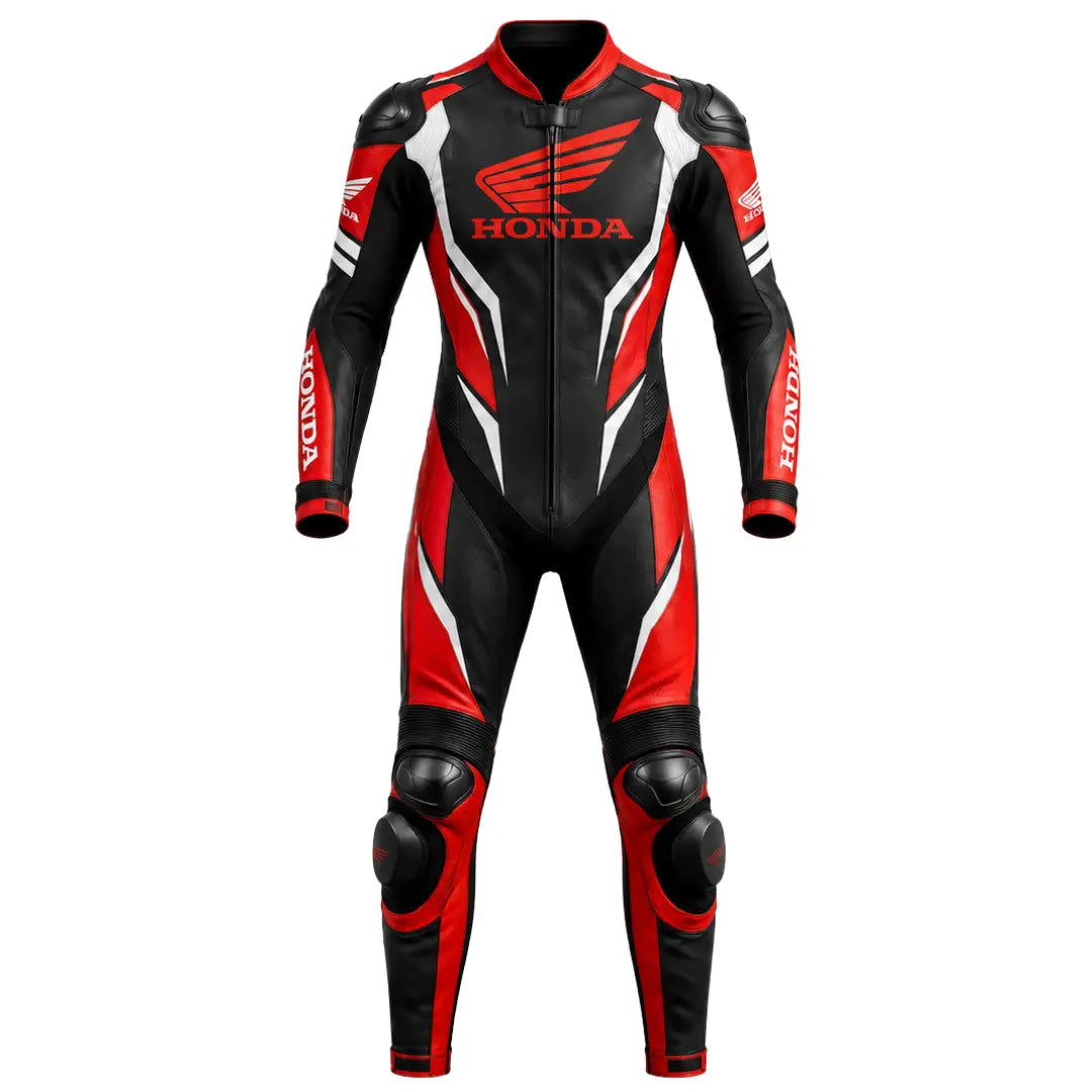 Front view of Honda black and red one-piece leather race suit with metal shoulder armor and external knee sliders