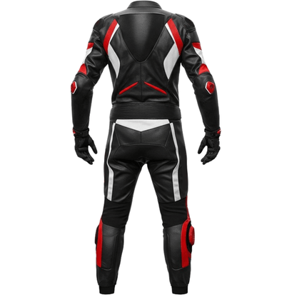 Black leather motorcycle suit with red and white accents on a white background