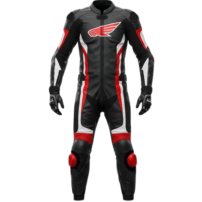 Honda leather motorcycle racing suit showing premium leather, CE armor, and ergonomic fit.