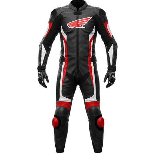 Honda leather motorcycle racing suit showing premium leather, CE armor, and ergonomic fit.