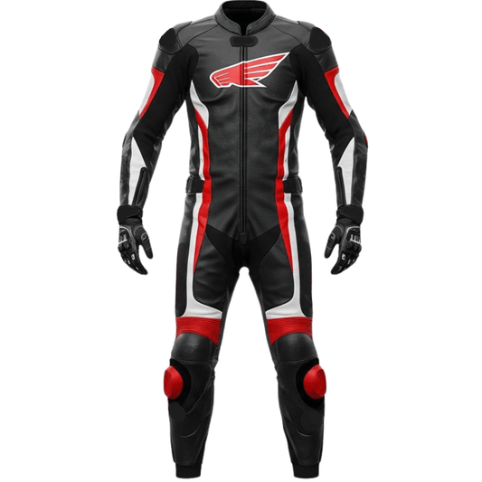 Honda leather motorcycle racing suit showing premium leather, CE armor, and ergonomic fit.