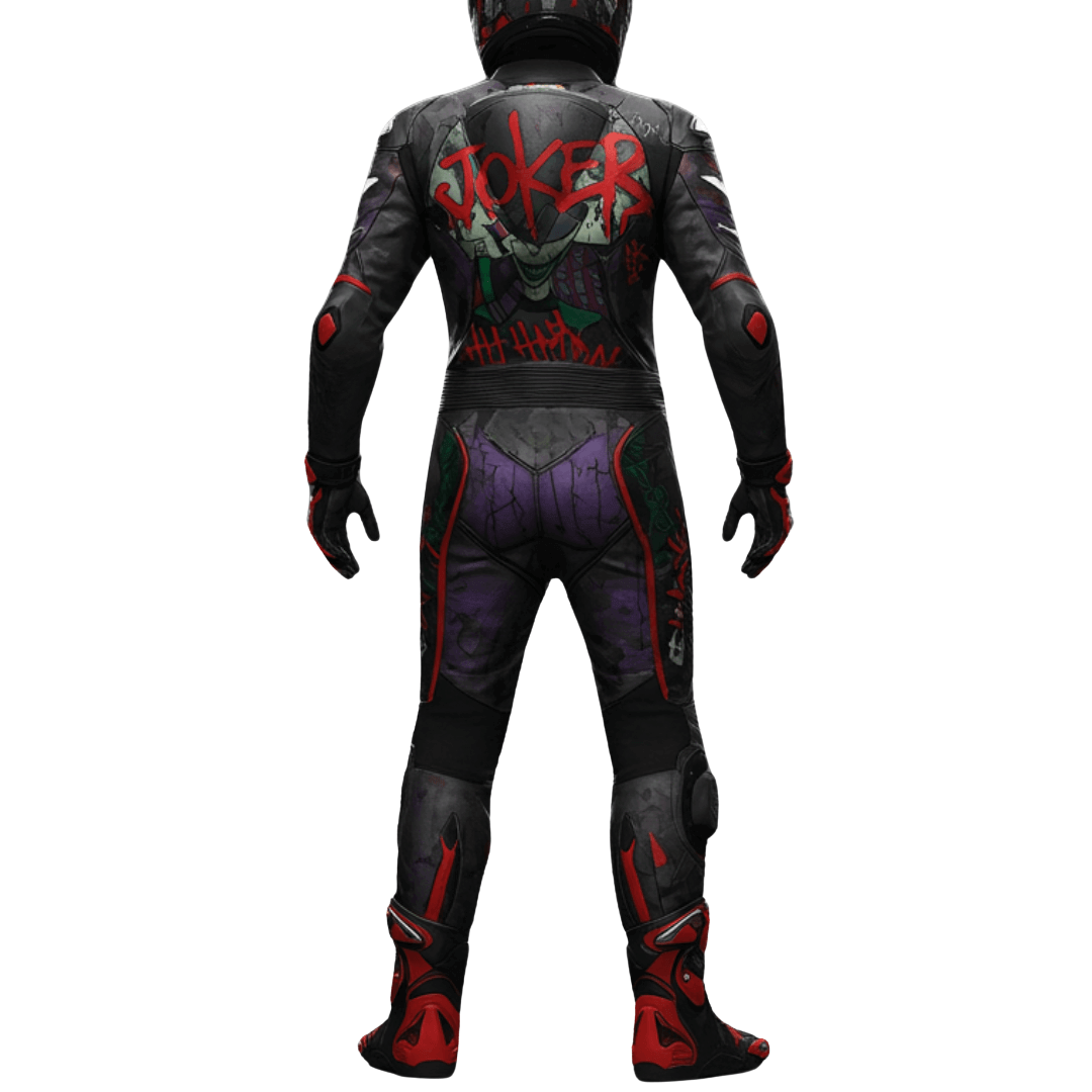 Motorcycle suit with 'Joker' design on a white background